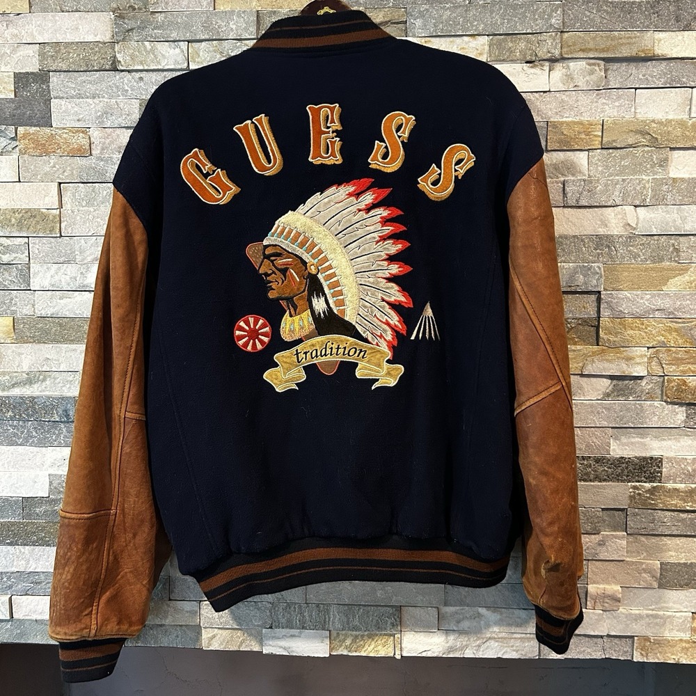 Guess Vintage 1990s Blue Wool Brown Leather Varsity Indian Head Aztec Jacket M